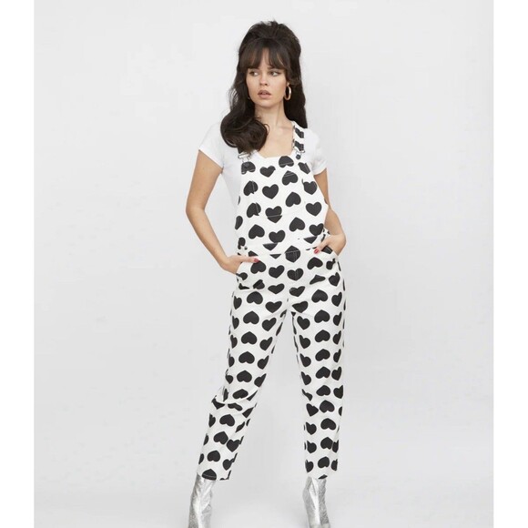 Lazy Oaf Pants - Lazy Oaf Black Heart Denim Overalls UK Size 8 US Size 4 32” Waist 25” Inseam